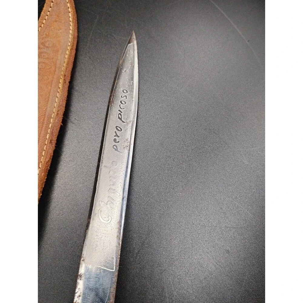 Vintage 9” Mexican Souvenir Dagger Aluminum Tribal Handle Engraved Blade Sheath